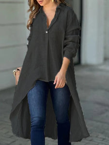 Full Size High-Low Collared Neck Long Sleeve Shirt